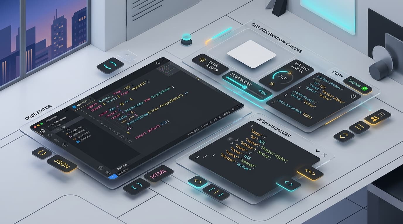 3D Isometric Visual Showcase of Developer Tools with Syntax Highlighter and CSS Canvas