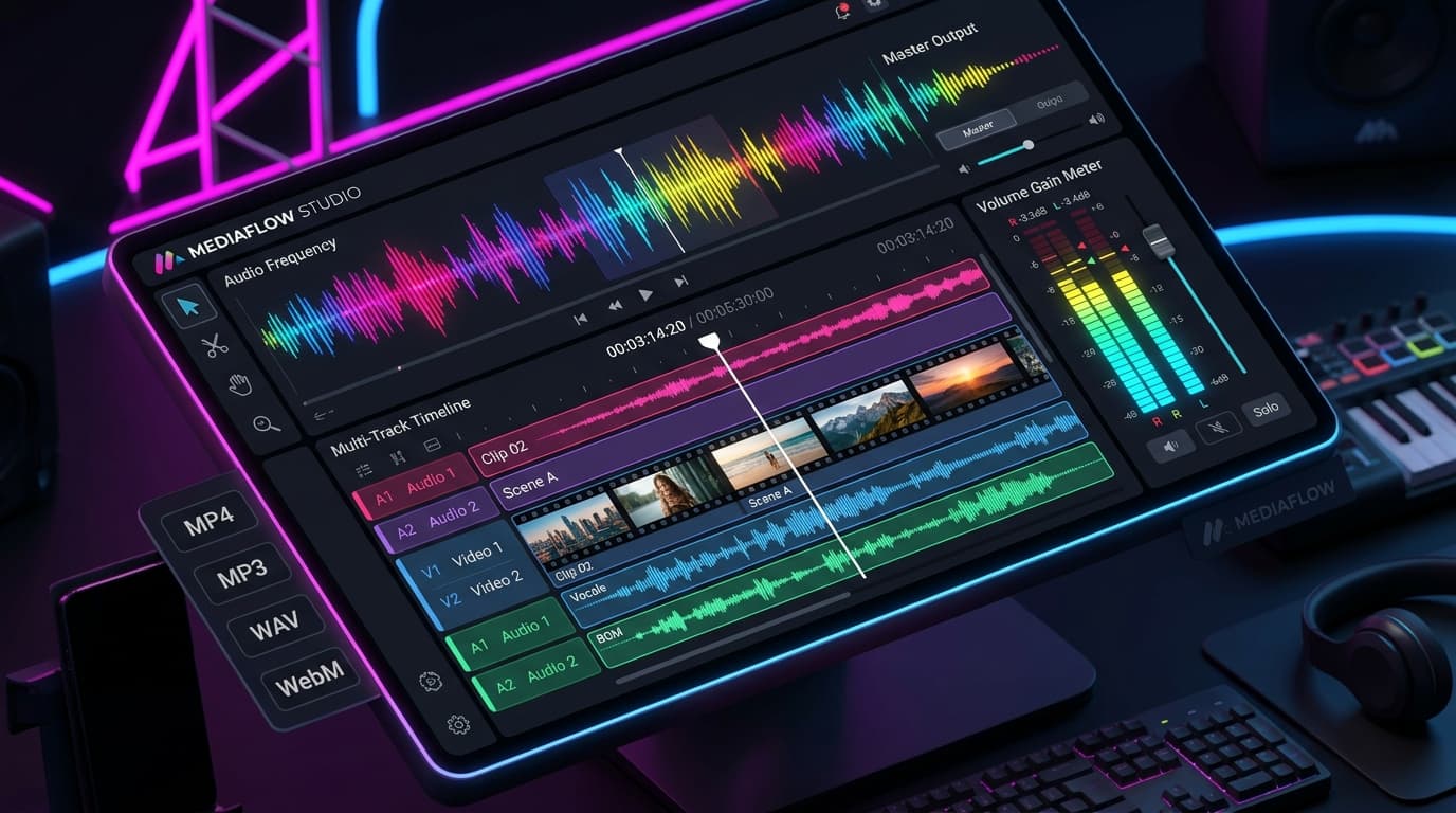 3D Isometric Visual Showcase of Media Studio with Frequency Spectrum and Timeline