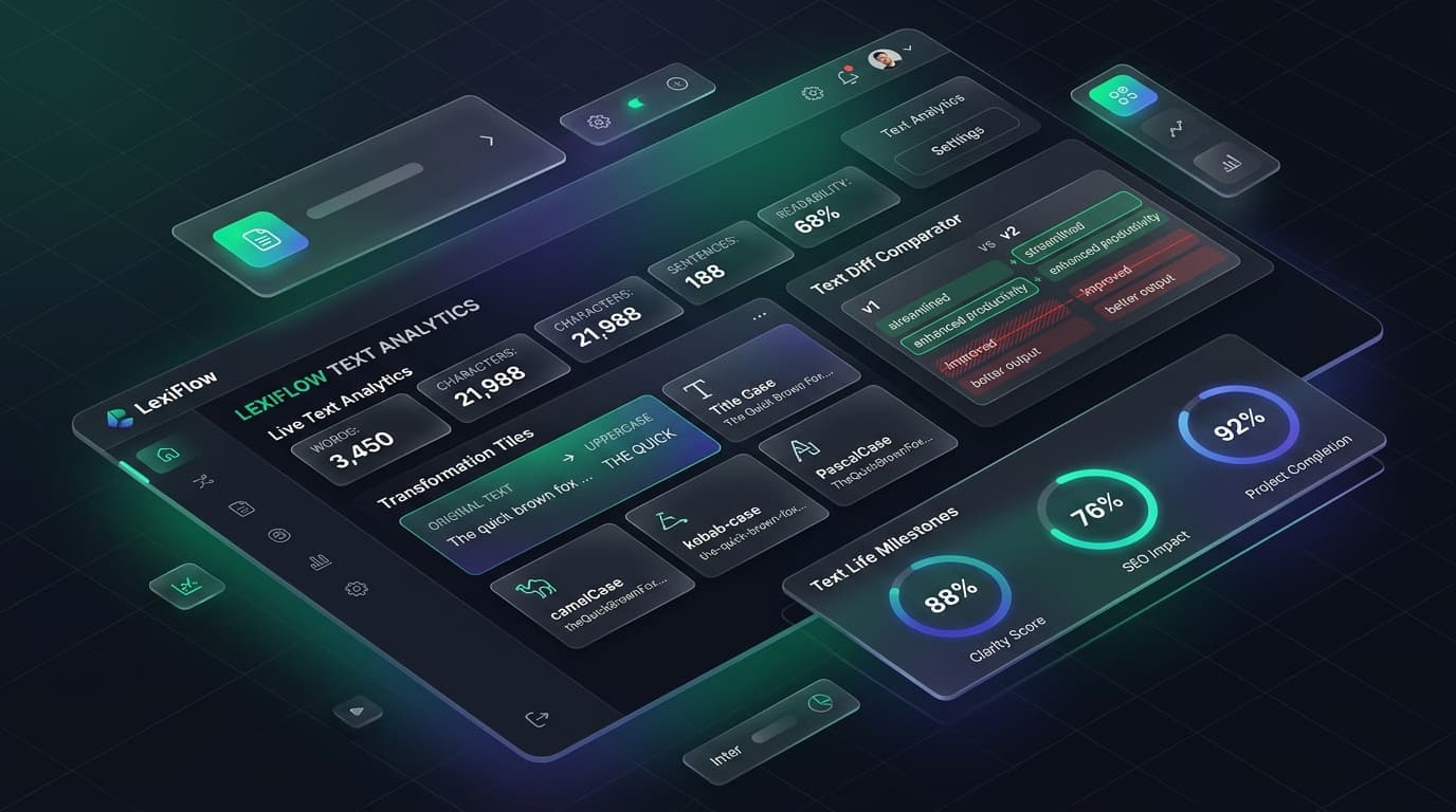 3D Isometric Visual Showcase of LexiFlow Text Analytics and Casing Transformation Studio